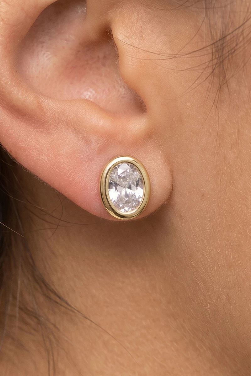 Large Oval Bezel Cz Stud Earrings