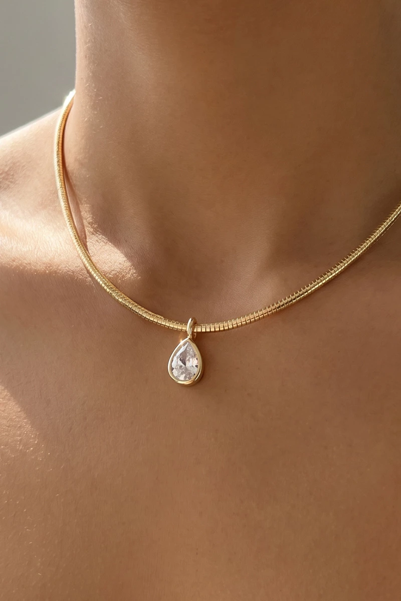 Slim Pear Bezel Cz Snake Chain Pendant Necklace