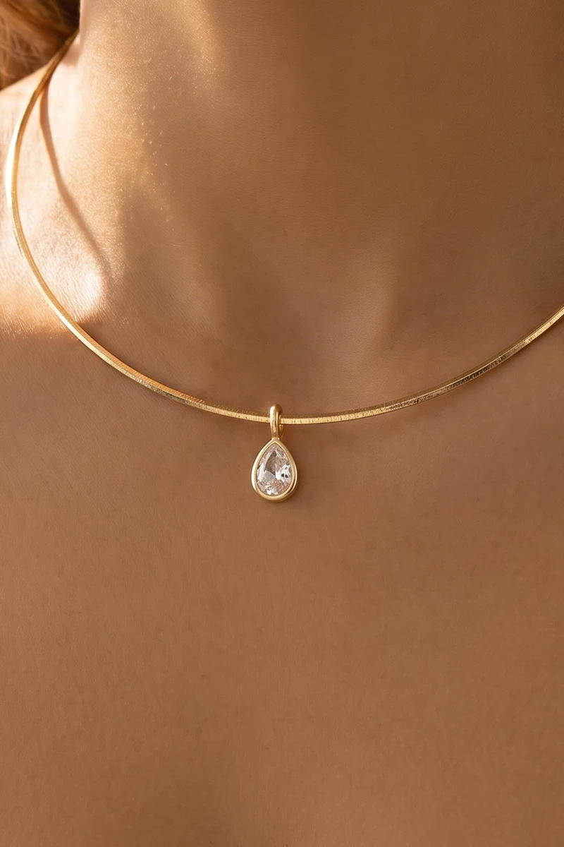 Teardrop Bezel Cz Flat Snake Chain Pendant Necklace
