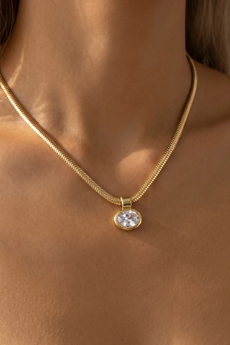 Oval Bezel Cz Snake Chain Necklace