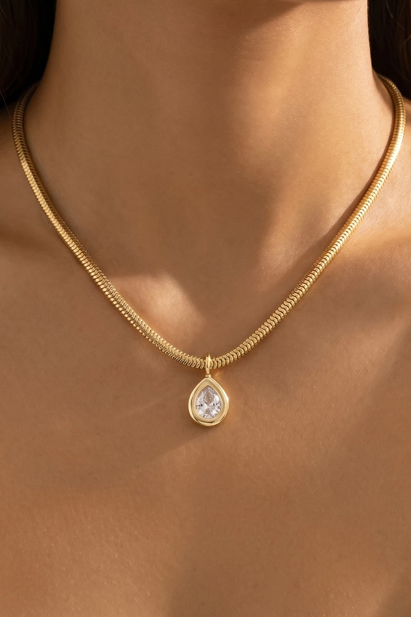 Wide Snake Chain Teardrop Bezel Cz Pendant Necklace