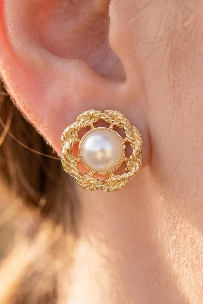Pearl Stud With Rope Wreath Earrings