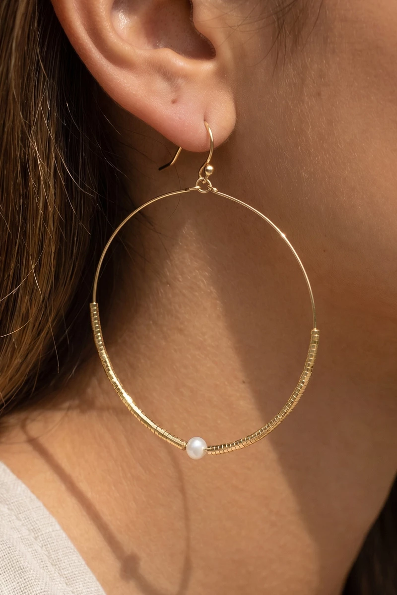 Pearl Accent Thin Wire Large Hoop Earrings