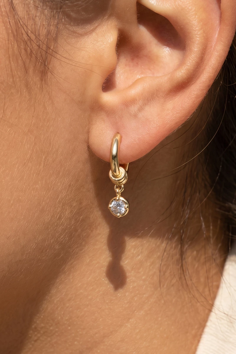 Gold Dipped Huggie Hoop With Cz Drop Charm Earrings