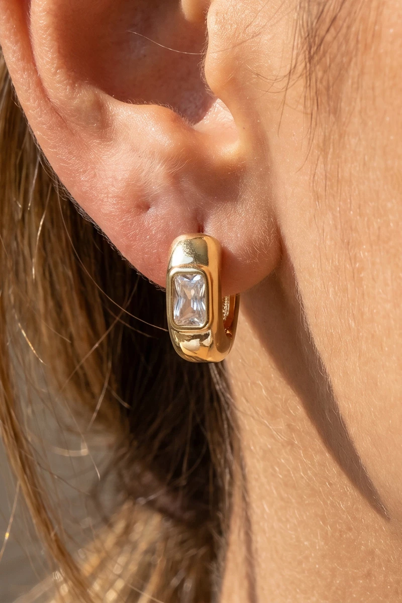 Wide Band Baguette Cz Huggie Hoop Earrings