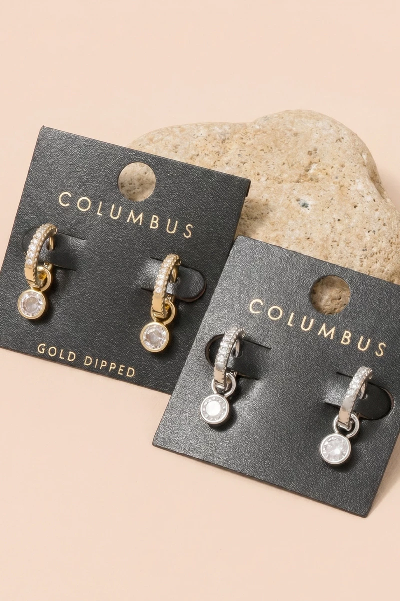 Pave Huggie Round Bezel Cz Drop Earrings