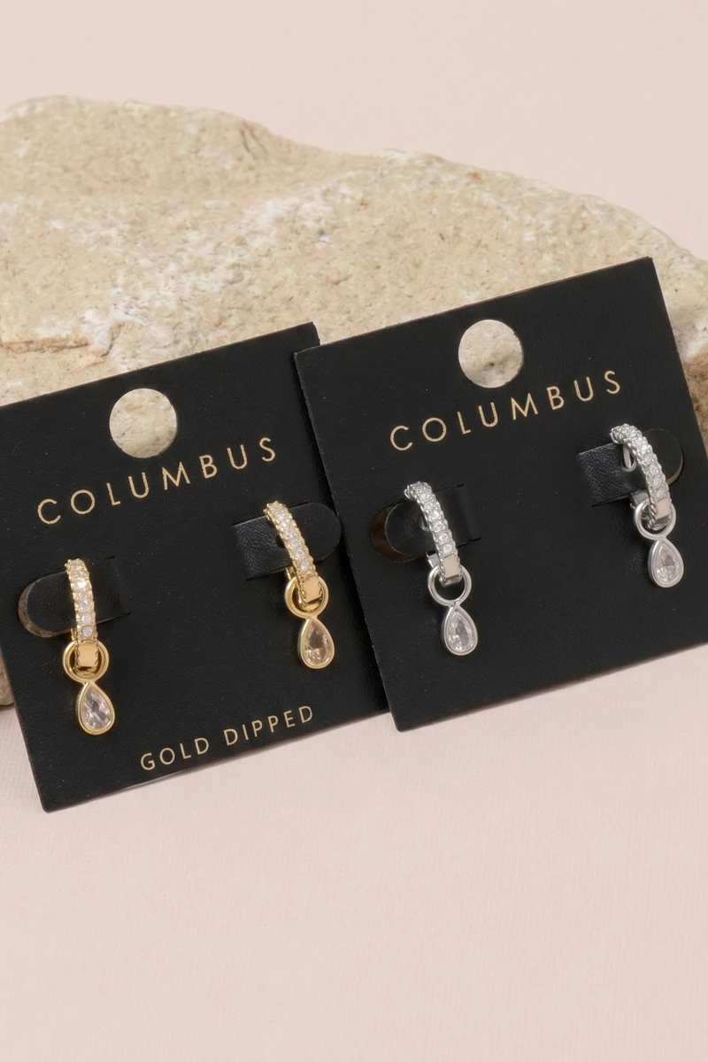 Pave Huggie Teardrop Bezel Cz Drop Earrings