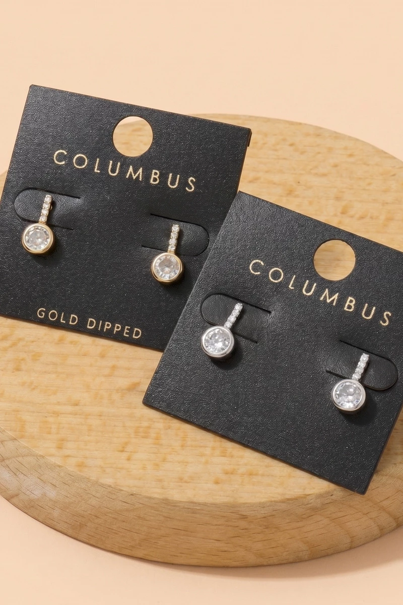 Pave Bar Round Cz Bezel Drop Earrings