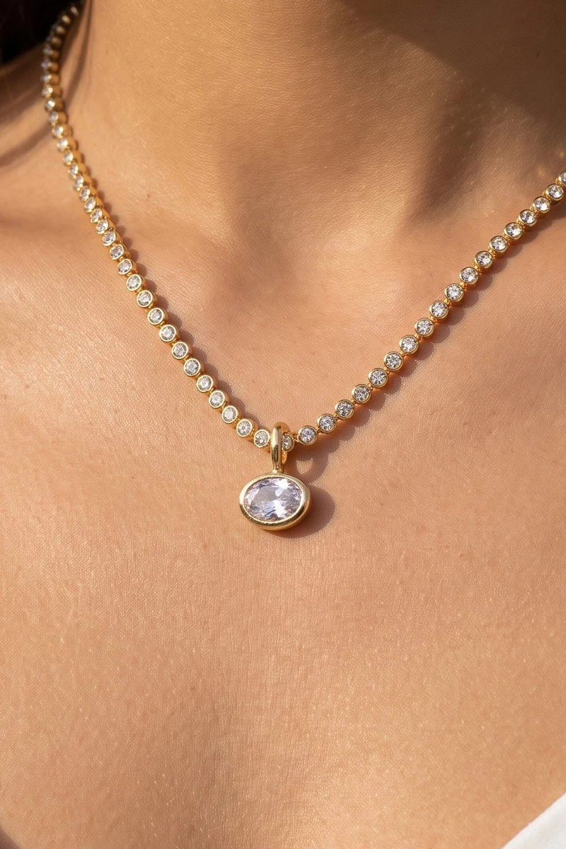 Bezel Cz Tennis Chain Oval Pendant Necklace