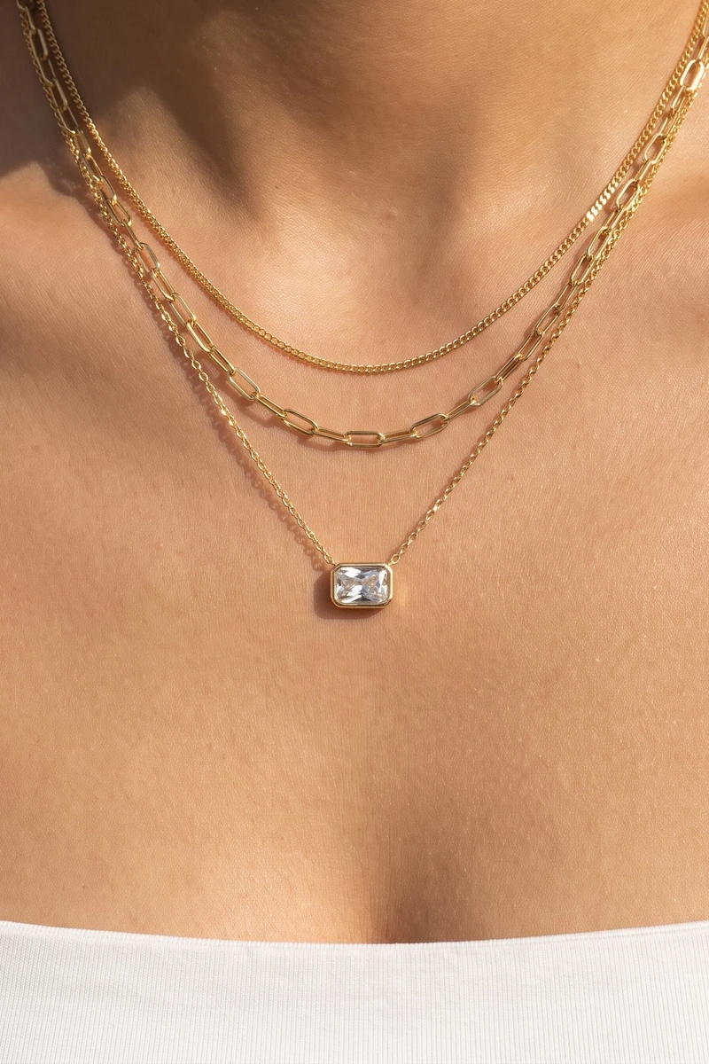Triple Layer Emerald Cut Bezel Cz Necklace