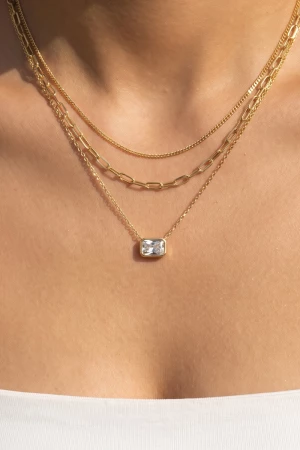 Triple Layer Emerald Cut Bezel Cz Necklace