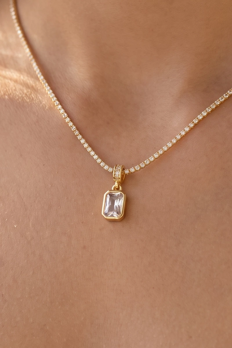 Pave Tennis Chain Rectangle Bezel Cz Pendant Necklace