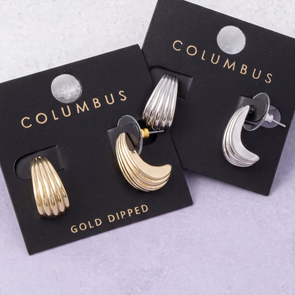 Gold Dipped Ribbed Crescent Huggie Earrings