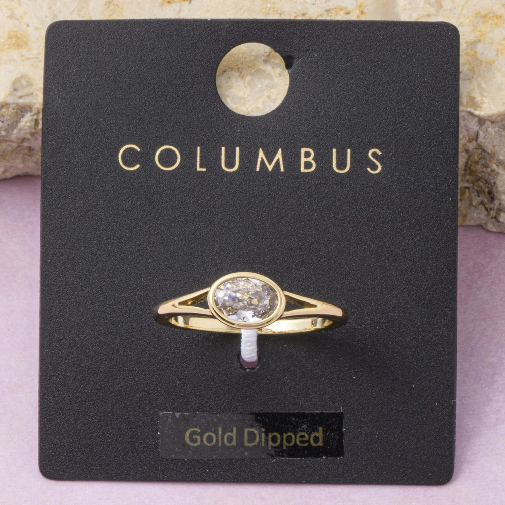 Gold Dipped Split Shank Oval Bezel Cz Solitaire Ring