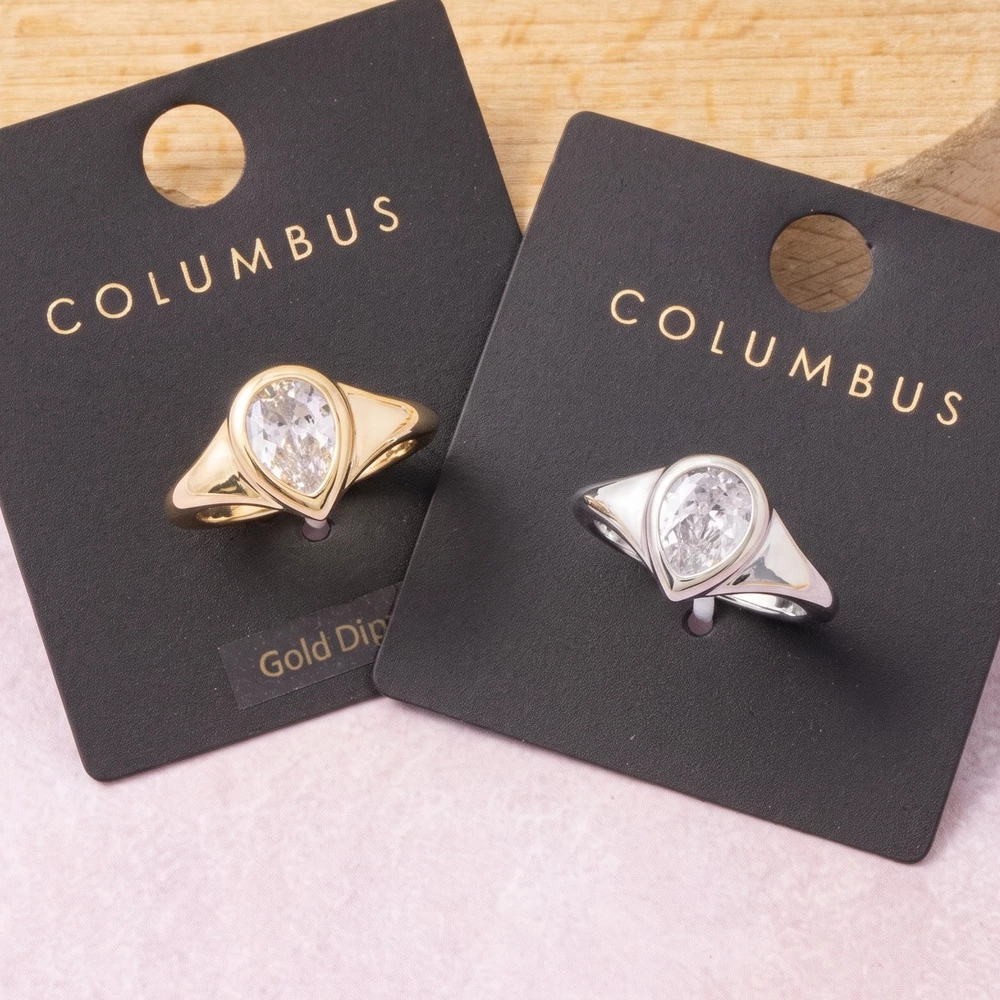 Gold Dipped Bold Pear Bezel Cz Signet Ring