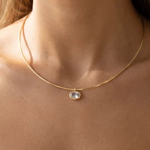 Oval Bezel Cz Pendant Omega Wire Necklace