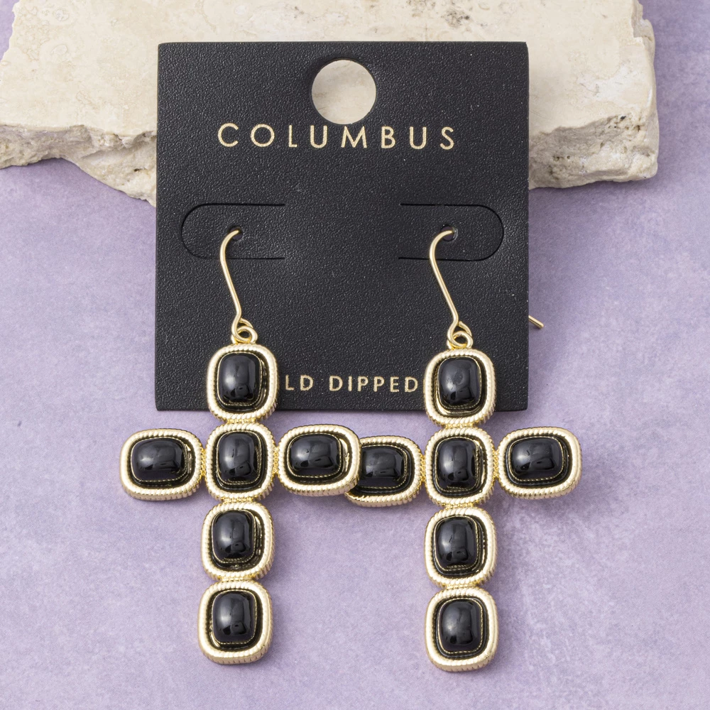 Gold Dipped Stone Cross Dangle Earrings