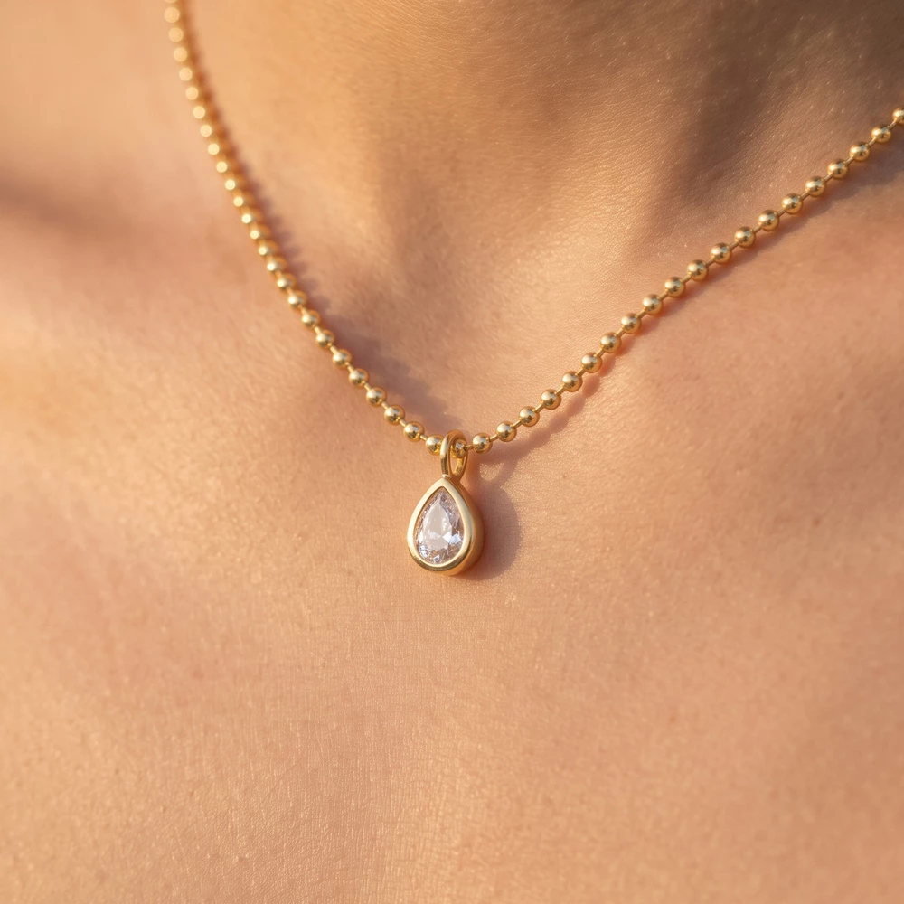 Teardrop Bezel Cz Ball Chain Necklace