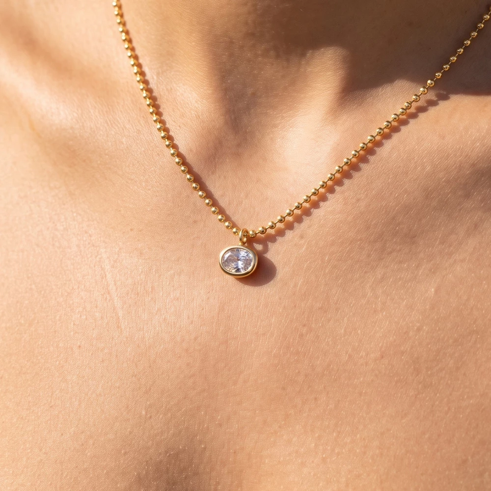 Oval Bezel Cz Pendant Ball Chain Necklace