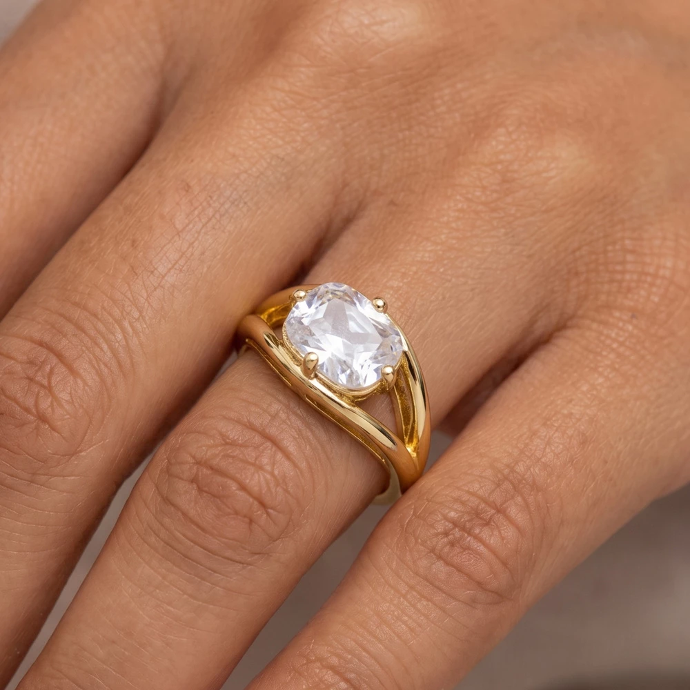 Gold Dipped Oval Cz Split Shank Ring