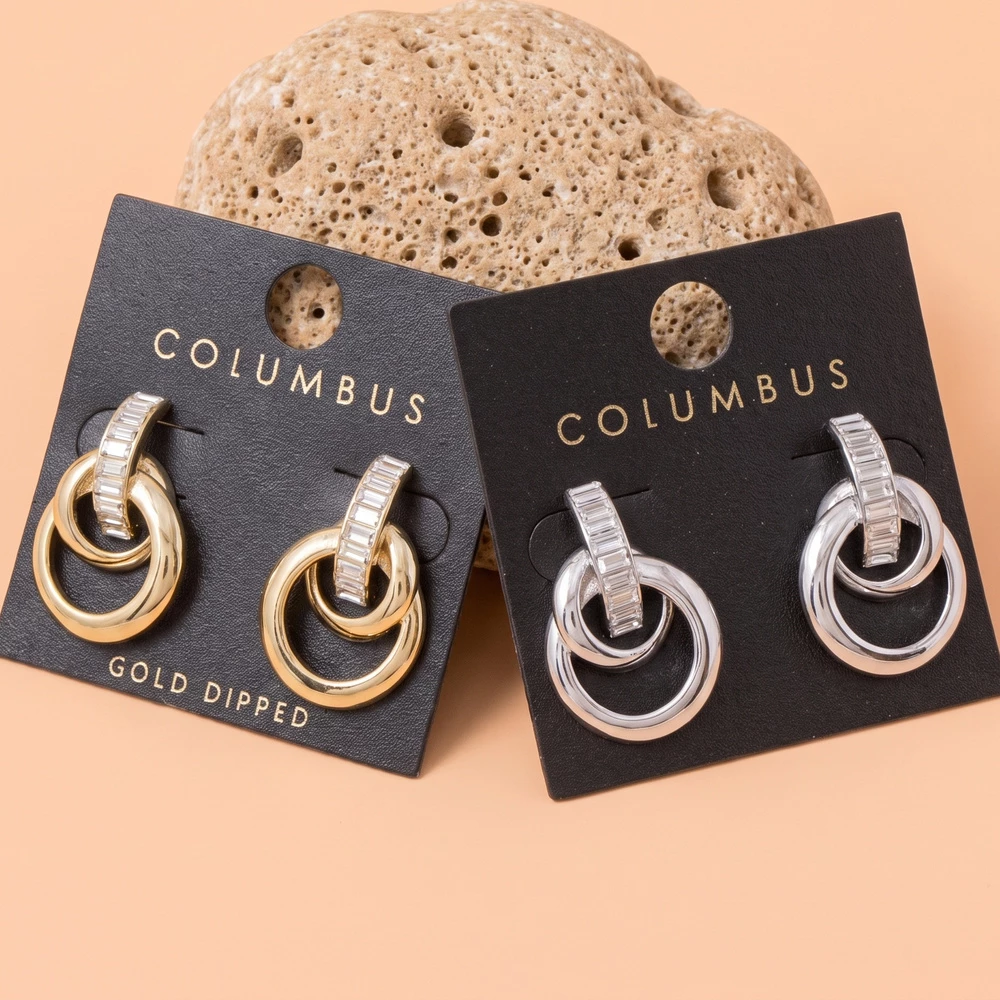 Gold Dipped Baguette Cz Interlocked Ring Earrings