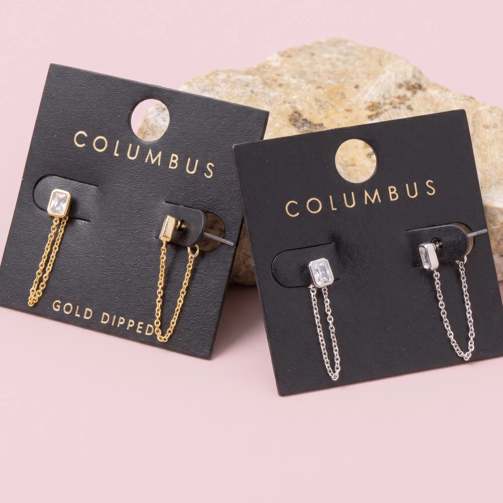 Gold Dipped Bezel Cz Stud With Chain Drape Earrings