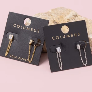 Gold Dipped Bezel Cz Stud With Chain Drape Earrings