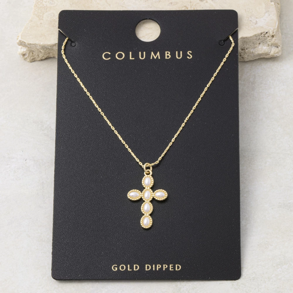 Gold Dipped Pearl Cross Pendant Necklace
