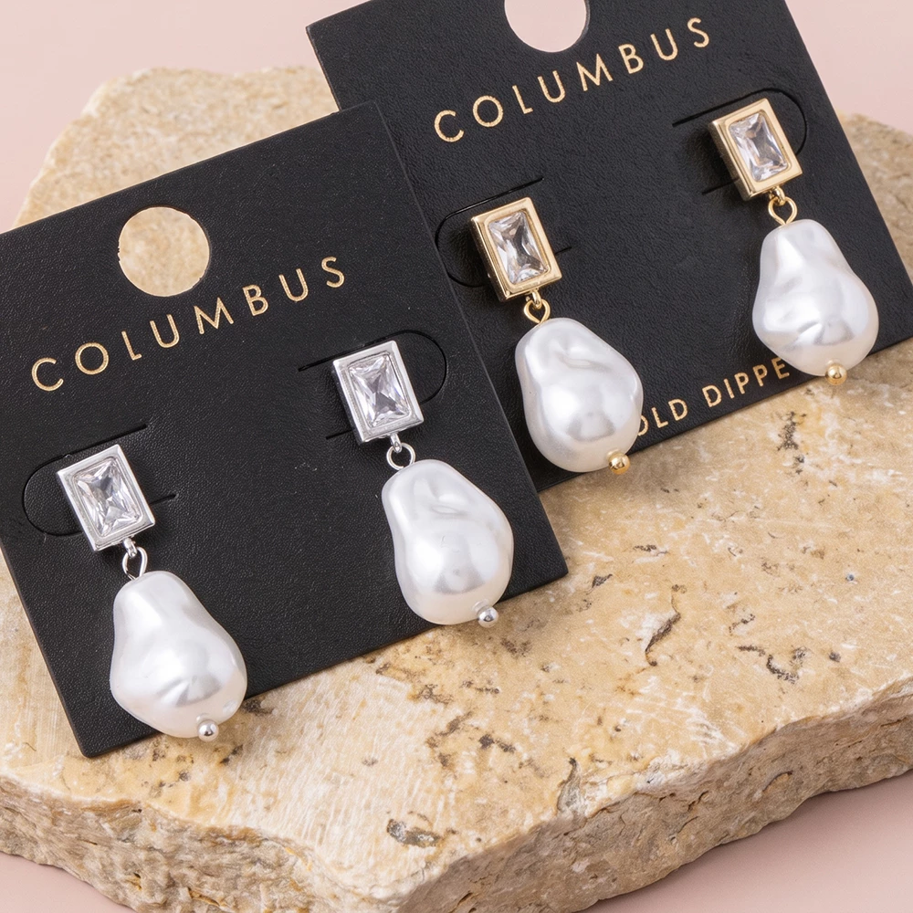 Step Cut Cz Baroque Pearl Drop Earrings
