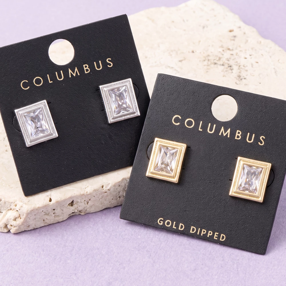 Step Cut Cz Double Frame Stud Earrings