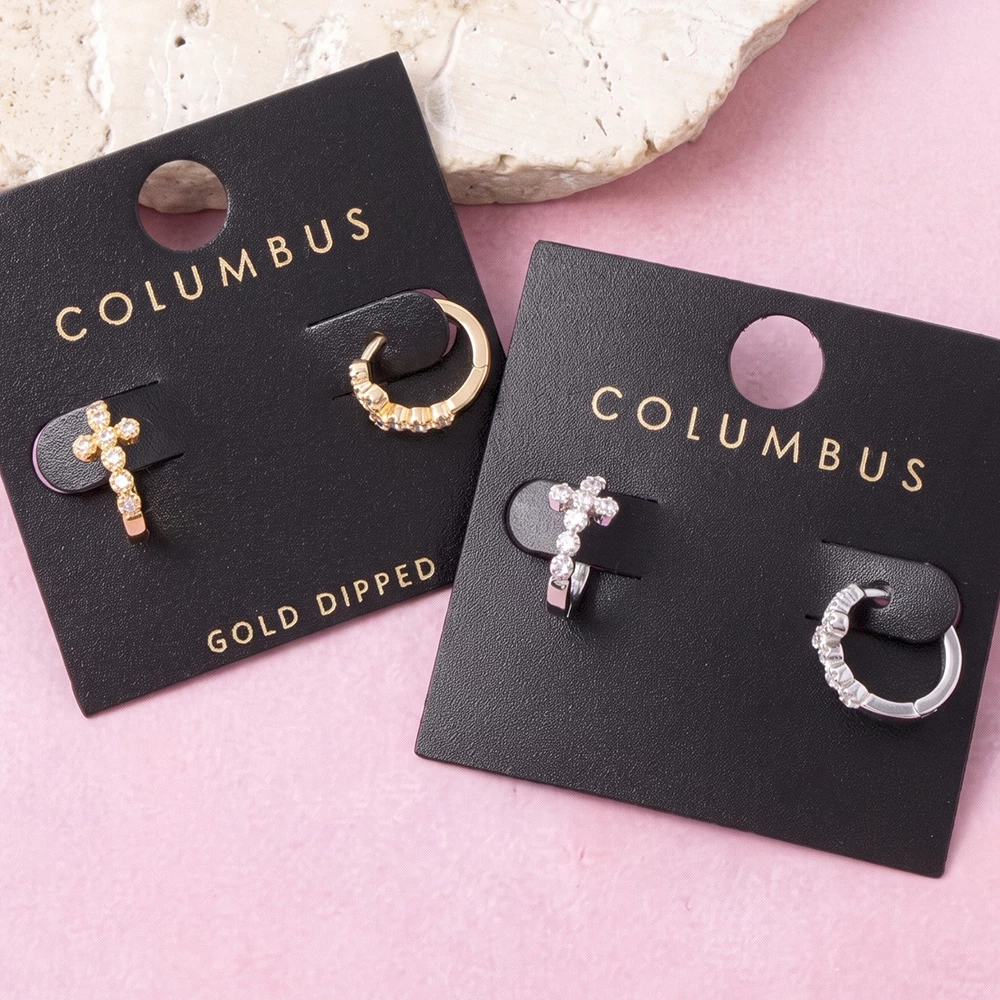 Pave Cz Cross Huggie Hoop Earrings