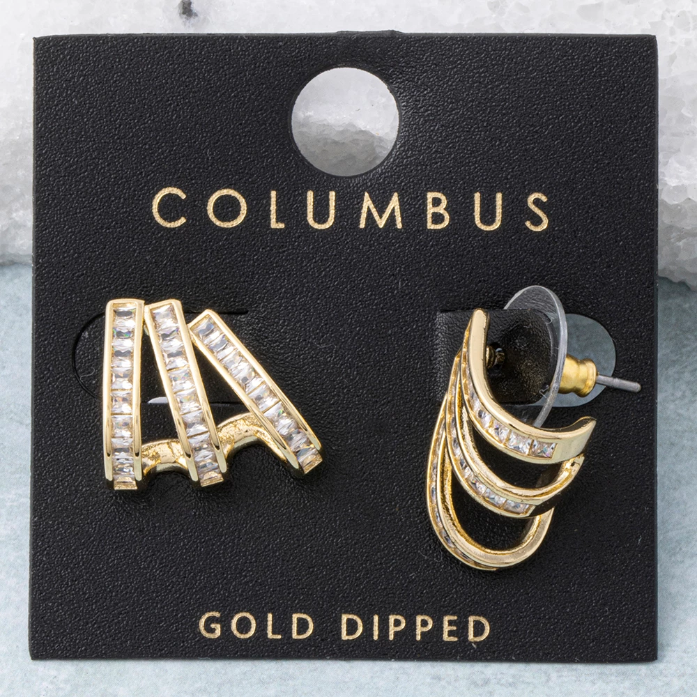 Gold Dipped Triple Baguette Cz Row Hoop Earrings