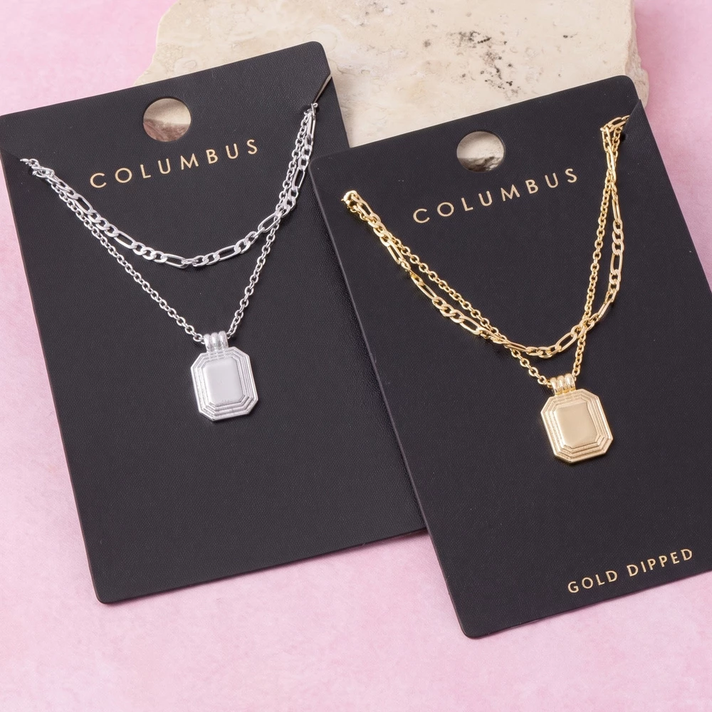 Layered Octagon Tag Pendant Necklace