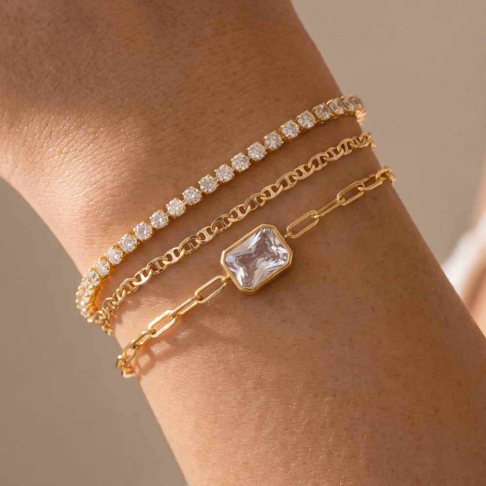 Three Piece Layered Chain And Cz Bracelet Set
