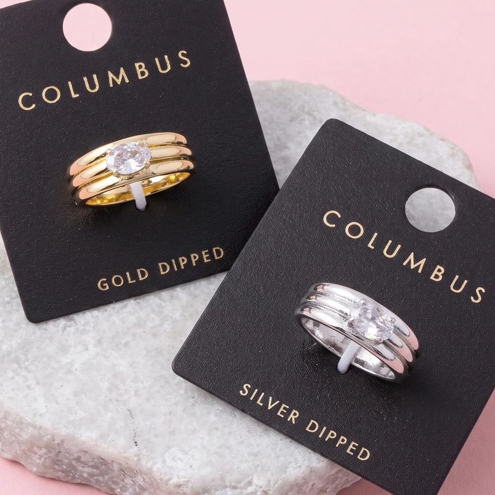 Gold Dipped Grooved Wide Band Oval Cz Ring