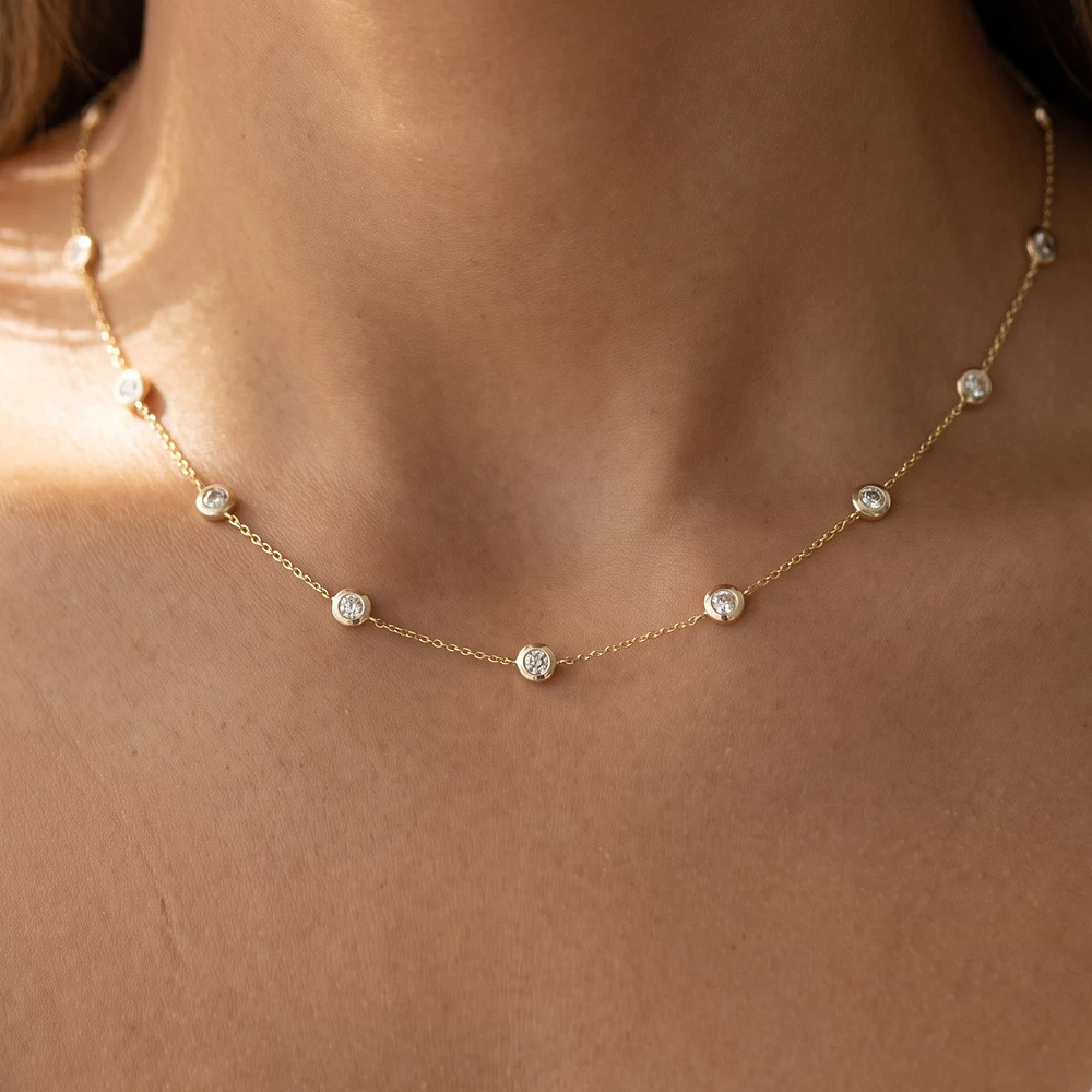 Gold Dipped Rimmed Cz Station Necklace