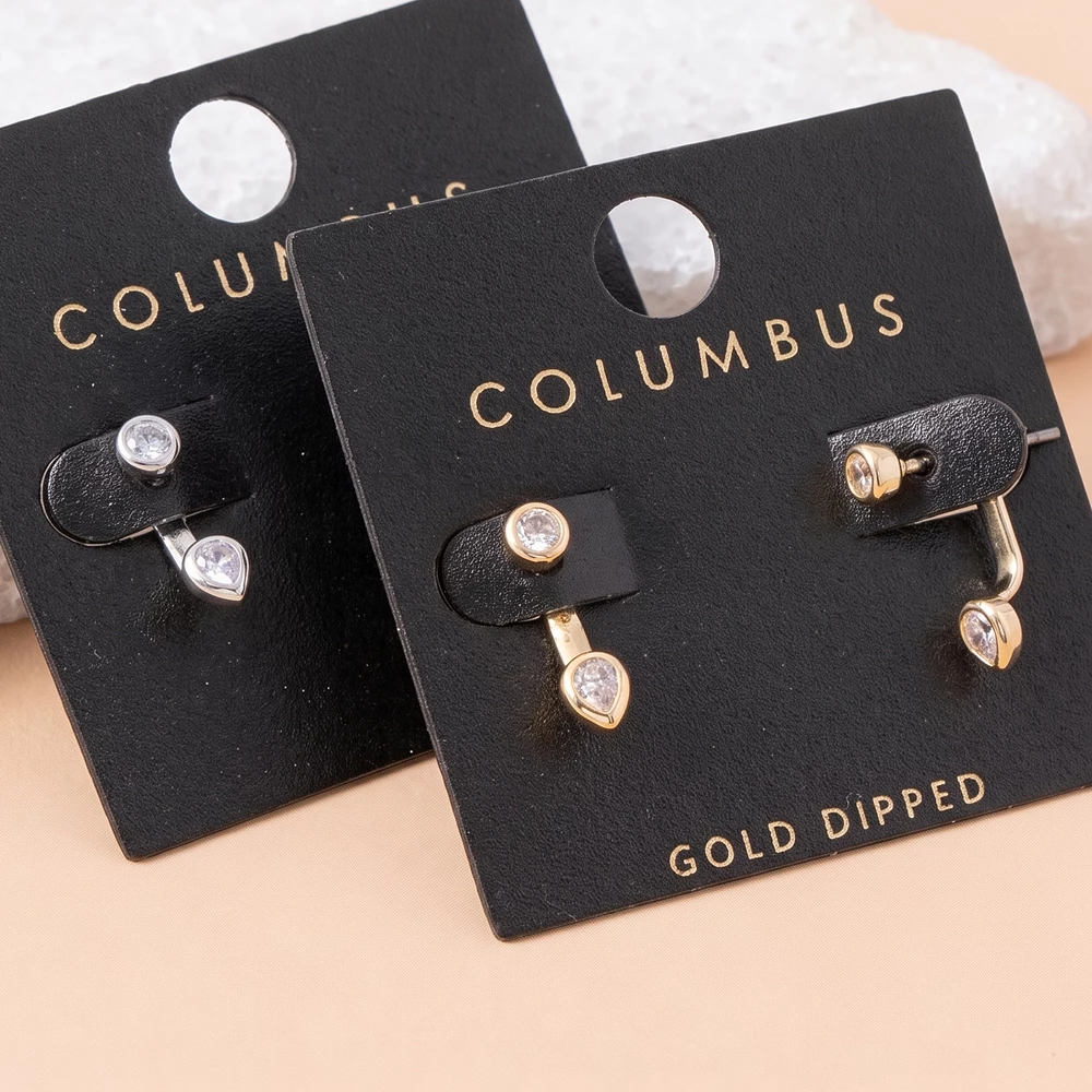 Gold Dipped Bezel Cz Stud And Pear Ear Jacket Earrings