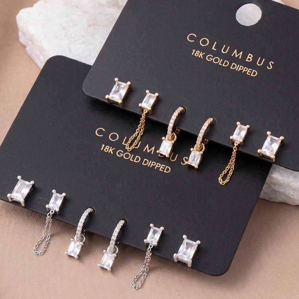 18K Gold Dipped Rectangular Cz Three Pair Earring Set