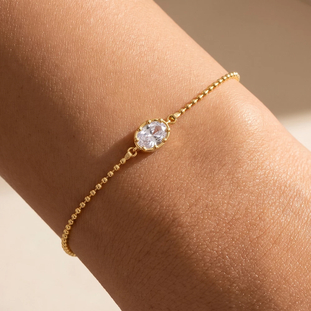 Gold Dipped Oval Cz Ball Chain Bracelet