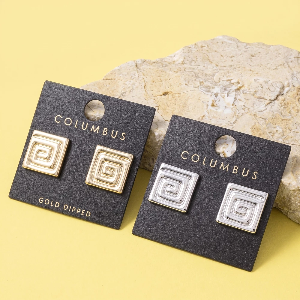 Gold Dipped Square Spiral Statement Stud Earrings