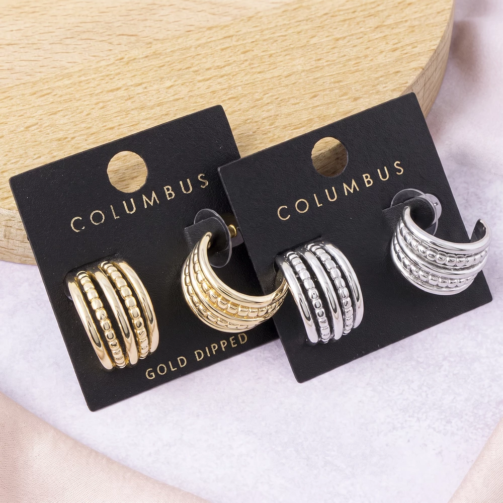 Gold Dipped Triple Row Beaded Chunky Hoop Earrings
