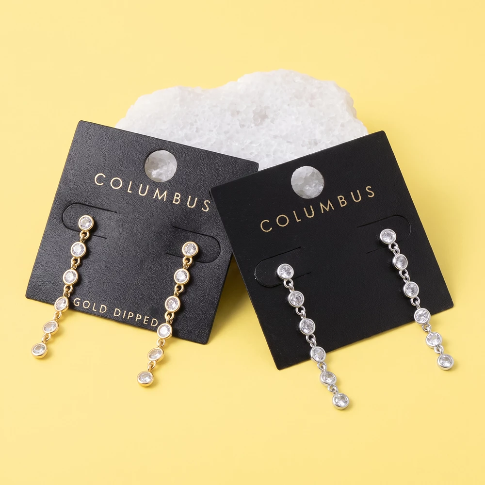 Gold Dipped Linked Round Cz Linear Drop Earrings
