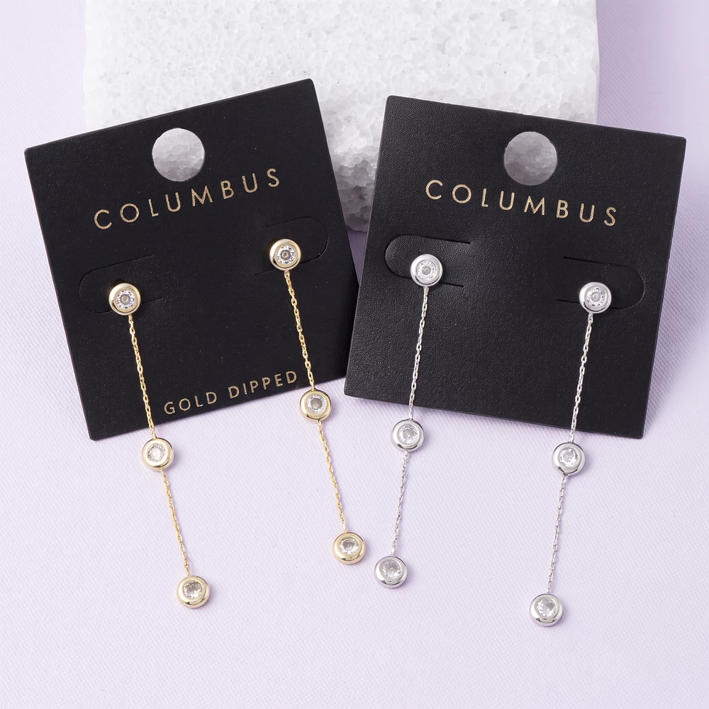 Gold Dipped Cz Station Chain Drop Earrings