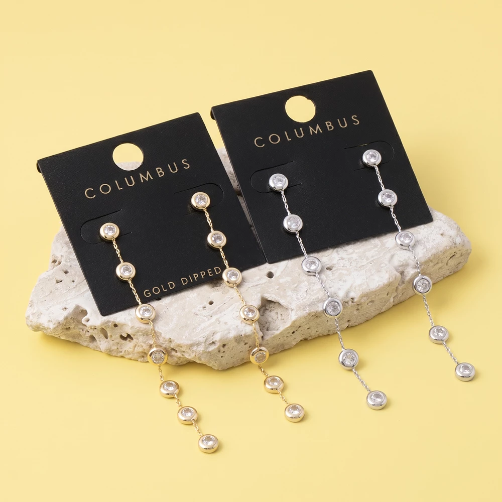 Gold Dipped Long Cz Bezel Chain Drop Earrings