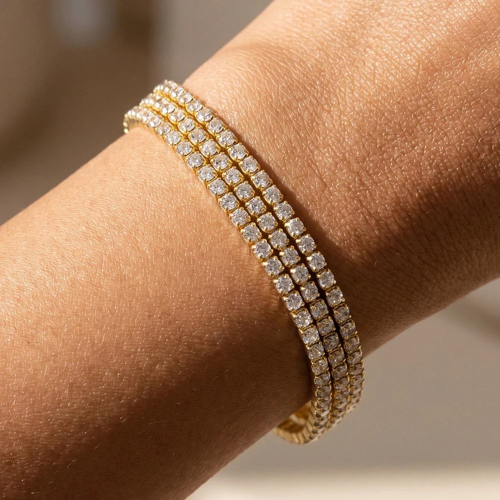 Gold Dipped Rhinestone Three Row Stretch Bracelet