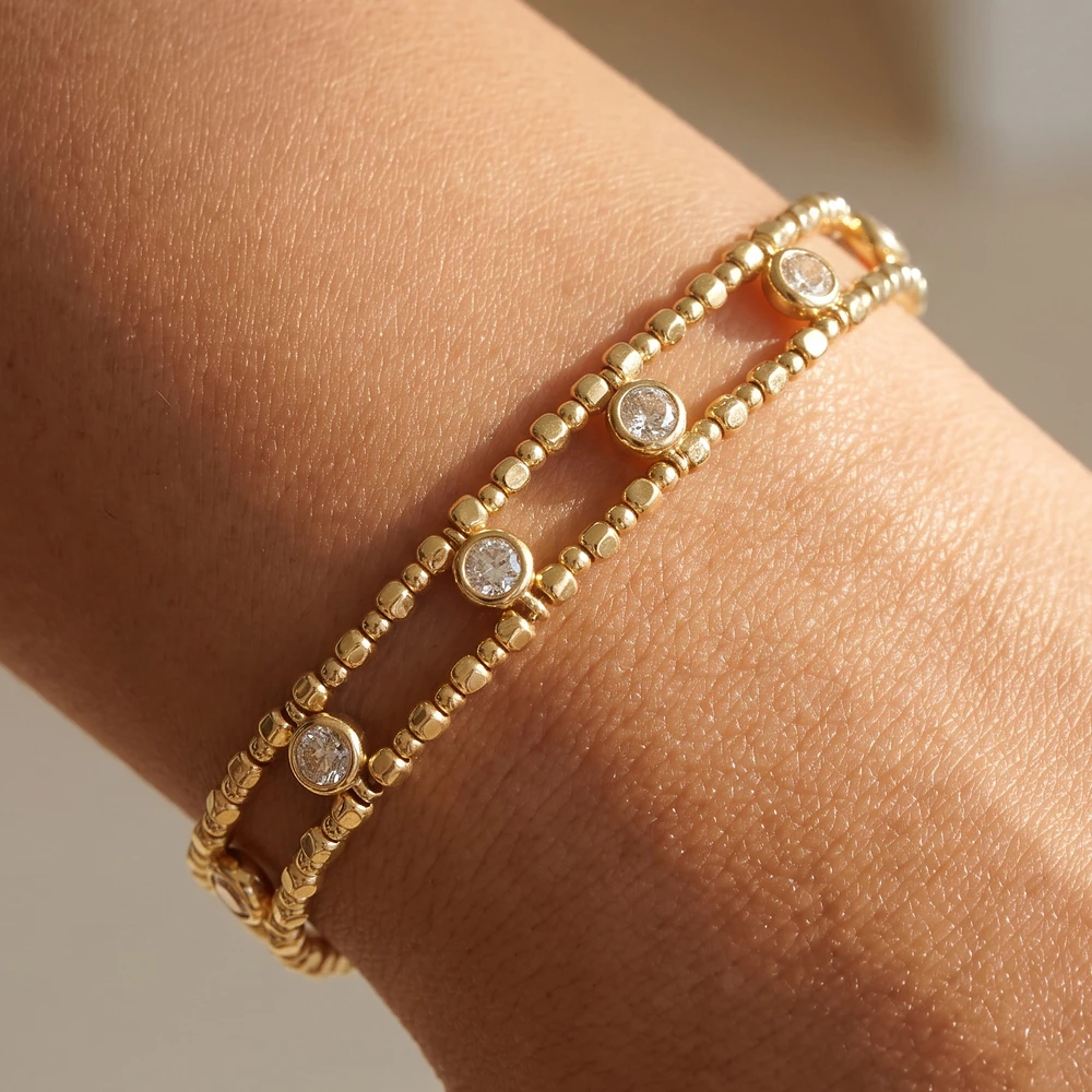 Gold Dipped Double Strand Cz Charm Bead Bracelet