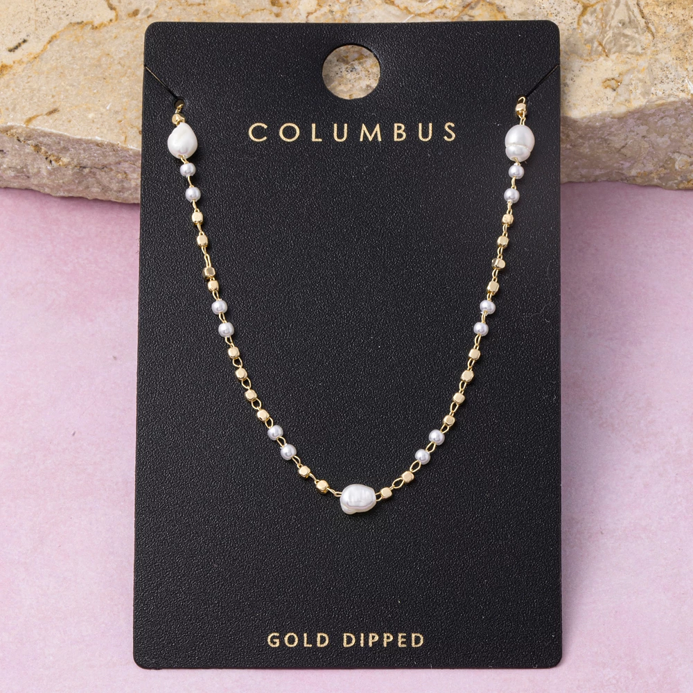 Gold Dipped Pearl And Bead Station Necklace