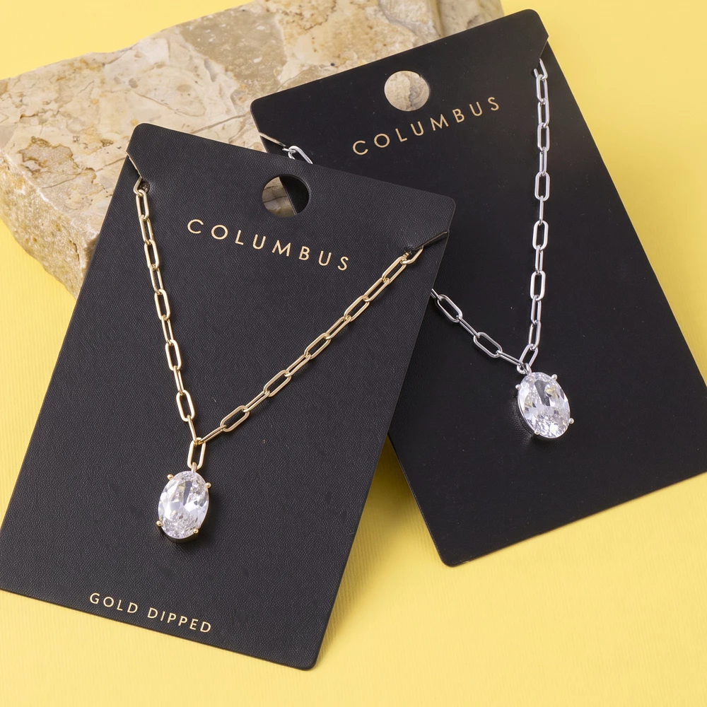 Gold Dipped Oval Cz Paperclip Chain Necklace