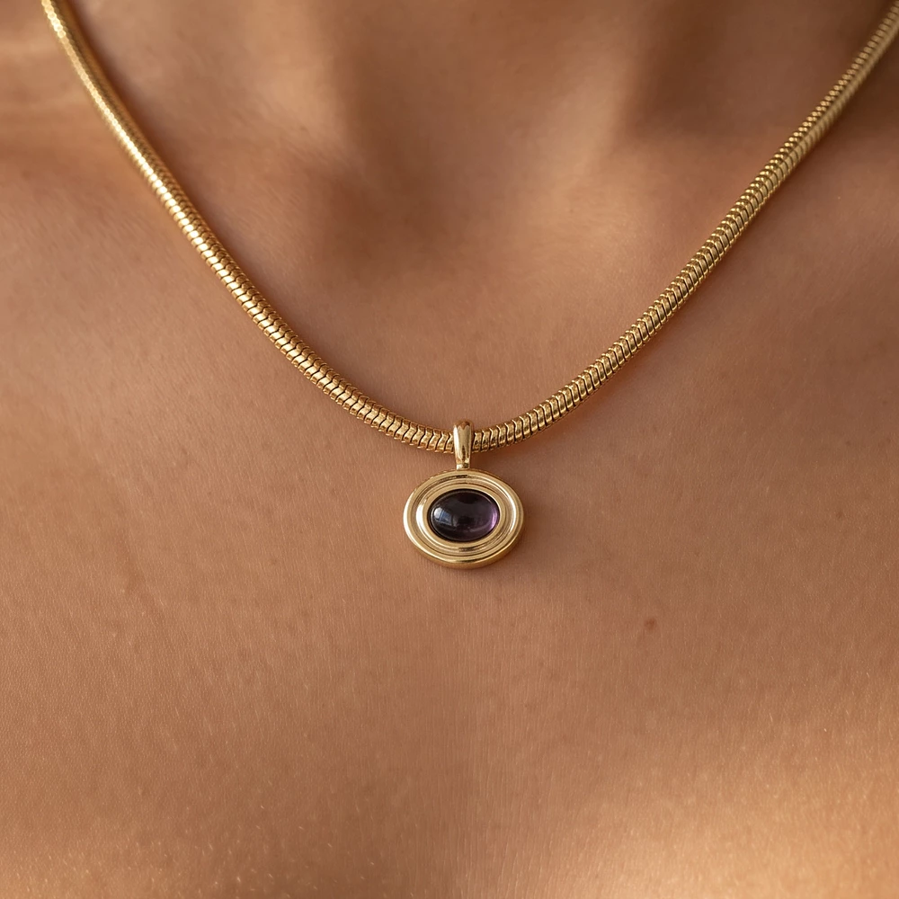 Gold Dipped Oval Cabochon Snake Chain Necklace