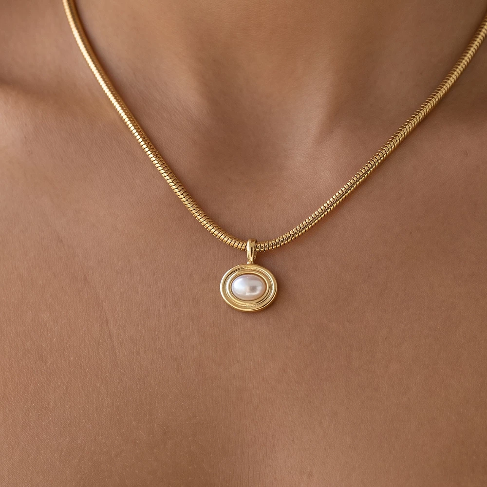 Gold Dipped Oval Pearl Snake Chain Necklace